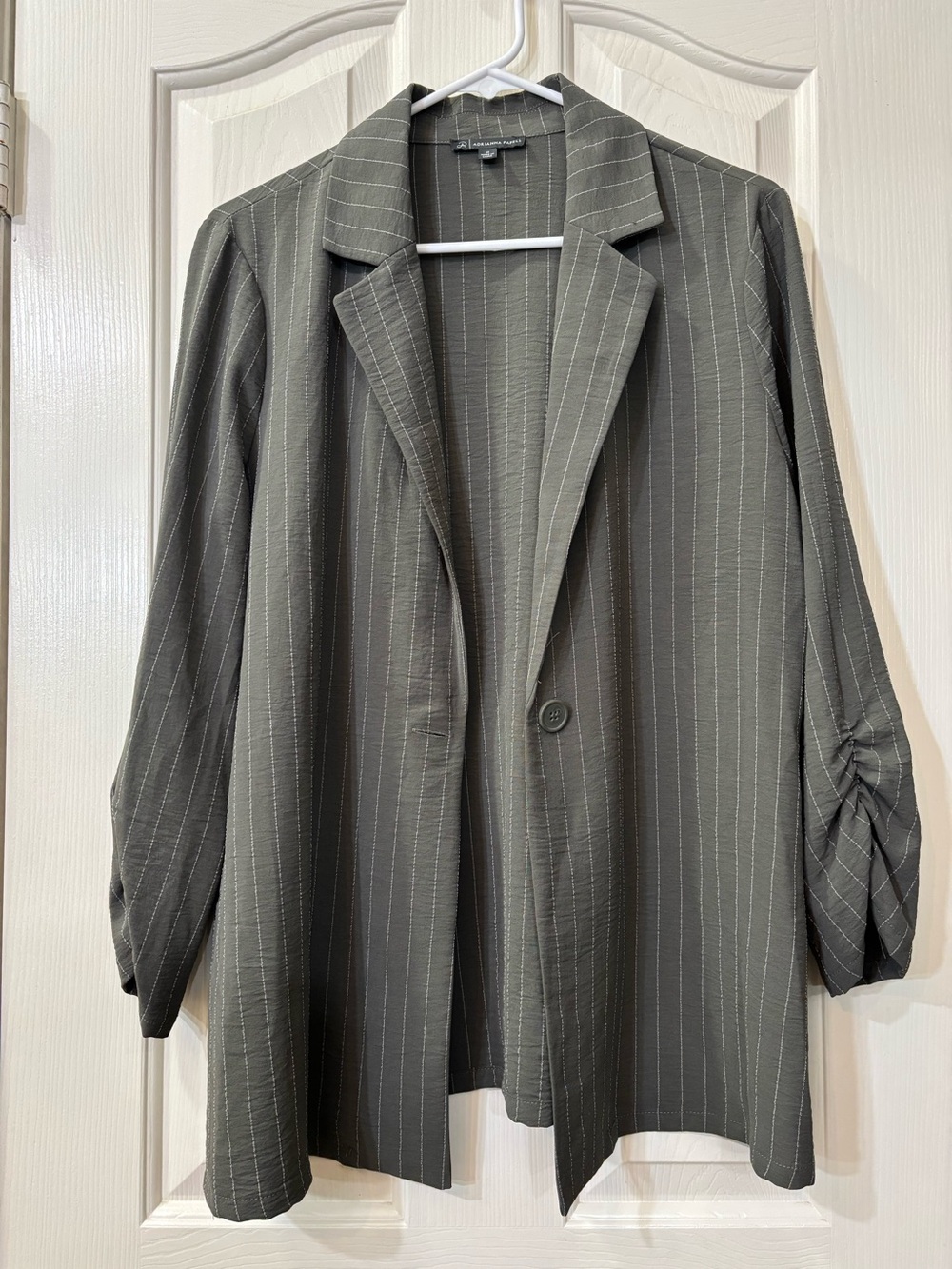Adrianna Papell Olive Pinstripe Open Blazer